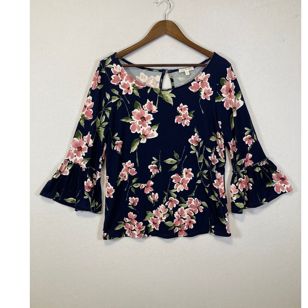 Nine Britton Floral Blouse Womens Large Navy Blue 3/4 Bell Sleeve Scoop Neck Top